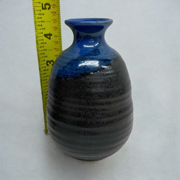 Set of 5 Japanese Sake Set Blue & Black Stoneware Pottery - Picture 7 of 10